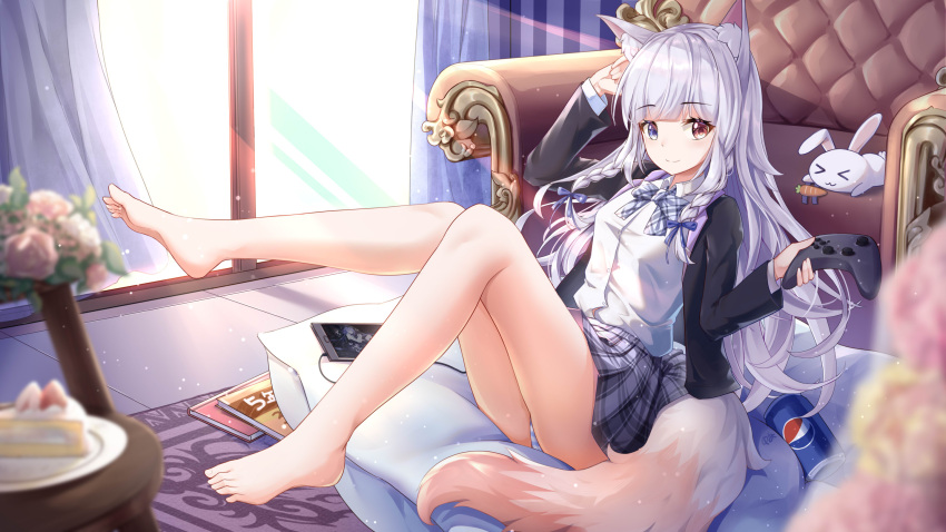 &gt;_&lt; 1girl animal_ears arm_up bangs barefoot blue_eyes blunt_bangs blurry bow braid cake carrot chiya_1589505970 closed_mouth controller eyebrows_visible_through_hair flower food hand_up heterochromia highres holding holding_controller legs_up looking_at_viewer original panties pantyshot rabbit red_eyes sitting skirt smile soles solo striped striped_panties tail underwear white_hair