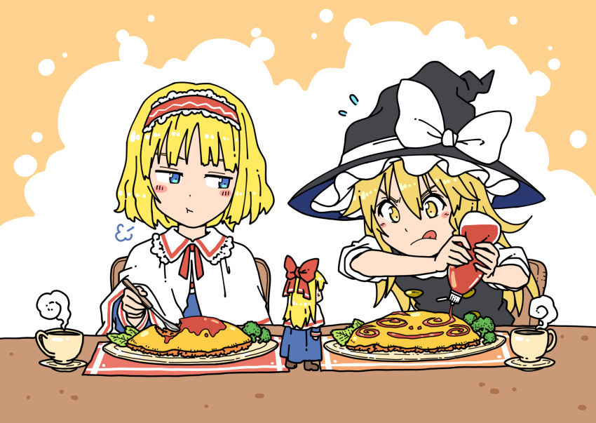 2girls :q :t alice_margatroid bangs black_headwear black_vest blonde_hair blue_dress blush bow broccoli capelet concentrating cup dress eating flying_sweatdrops food food_writing frilled_hairband frills hair_bow hairband hat hat_bow highres holding holding_spoon inuno_rakugaki ketchup ketchup_bottle kirisame_marisa long_hair long_sleeves multiple_girls omurice red_bow red_hairband saucer shanghai_doll shirt short_hair short_sleeves spoon steam tongue tongue_out touhou v-shaped_eyebrows vest white_bow white_capelet white_shirt witch_hat yellow_eyes