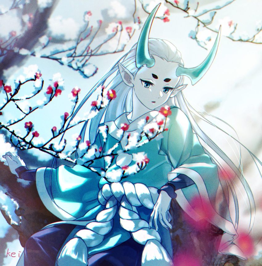 1boy aki963852 aqua_eyes aqua_hair branch flower highres horns long_hair long_sleeves pointy_ears red_flower rope snow solo the_legend_of_luo_xiaohei upper_body wide_sleeves xuhuai_(the_legend_of_luoxiaohei)