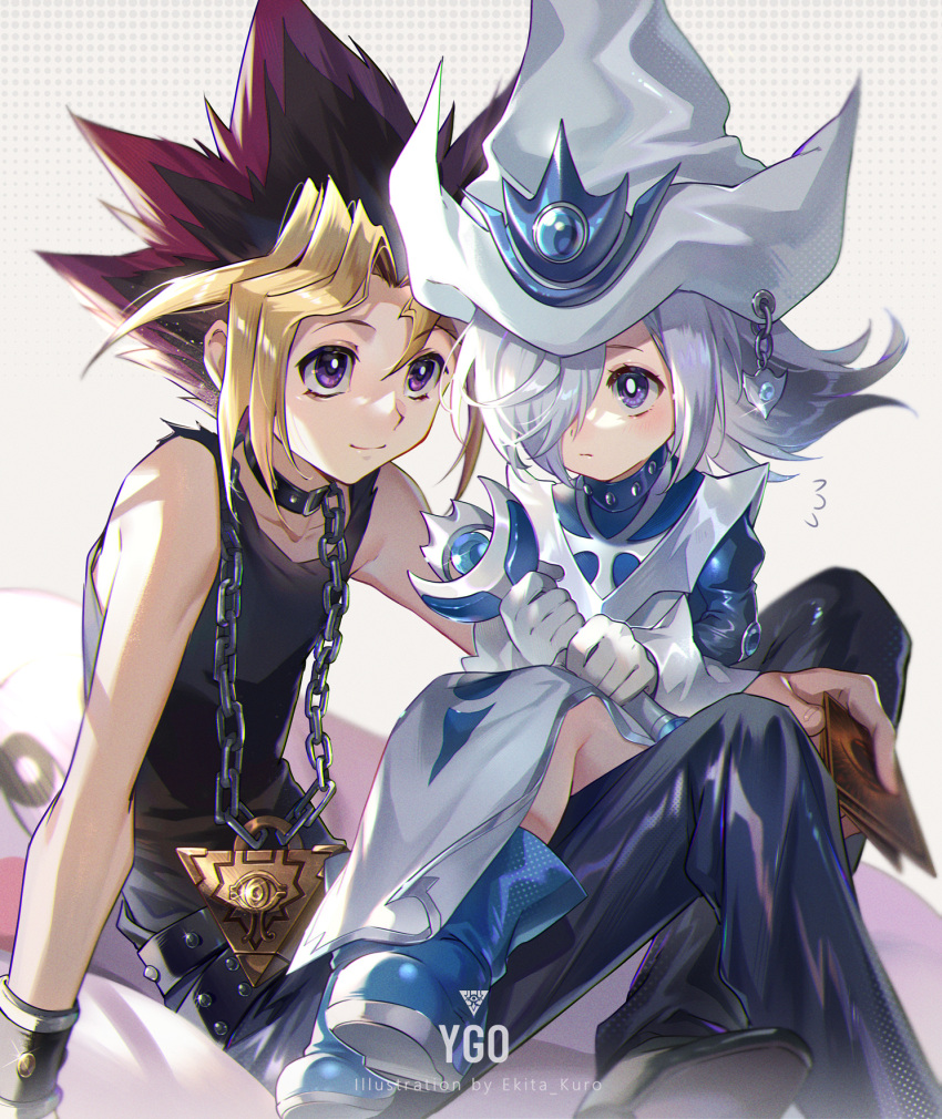 1boy 1girl artist_name blue_eyes boots card collarbone dress duel_monster ekita_xuan gloves hair_over_one_eye hat highres long_hair silent_magician silver_hair sitting smile staff wand witch_hat wizard_hat yu-gi-oh!