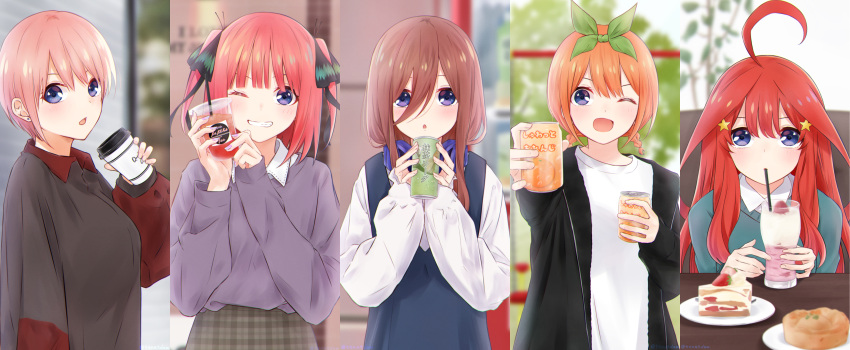 5girls :o ;d absurdres ahoge bangs black_jacket black_ribbon black_sweater blue_eyes blue_sweater blunt_bangs blurry blurry_background blush braid breasts brown_hair butterfly_hair_ornament can closed_mouth coffee_cup collared_shirt commentary_request cowboy_shot cup disposable_cup drinking_straw drinking_straw_in_mouth eyebrows_behind_hair food go-toubun_no_hanayome green_ribbon grin hair_between_eyes hair_ornament hair_ribbon hand_up hands_up headphones headphones_around_neck highres holding holding_can holding_cup jacket jewelry juice large_breasts long_hair long_sleeves looking_at_viewer milkshake multiple_girls nakano_ichika nakano_itsuki nakano_miku nakano_nino nakano_yotsuba one_eye_closed open_clothes open_jacket open_mouth orange_hair pink_hair plaid plaid_skirt purple_sweater quintuplets redhead ribbon shirt short_hair siblings sidelocks single_earring sisters sitting skirt smile soda_can standing star_(symbol) star_hair_ornament strawberry_shortcake sweater sweater_tucked_in sweater_vest tea ten@_(tenatdam) twin_braids two_side_up white_shirt