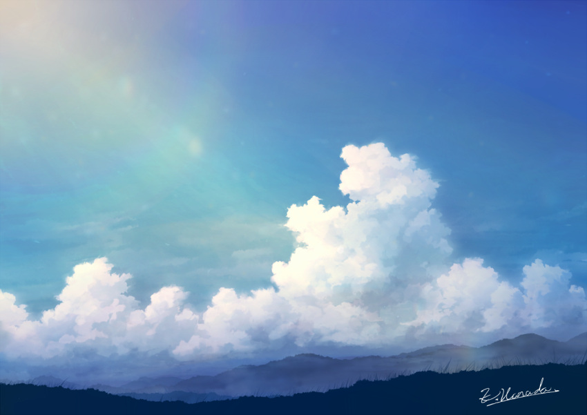alu.m_(alpcmas) blue_sky clouds commentary grass hill lens_flare mountainous_horizon no_humans original scenery signature sky sunlight