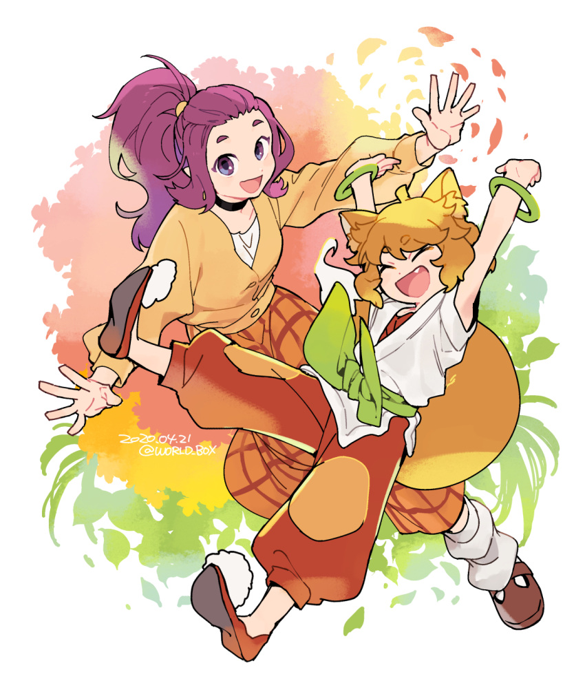 2girls animal_ears arms_up bracelet character_request choker dated fang fox_ears fox_girl fox_tail full_moon highres jewelry long_hair long_sleeves looking_at_viewer moon multiple_girls open_mouth pants ponytail purple_hair red_pants ruoshui_(the_legend_of_luoxiaohei) shirt shoes smile tail the_legend_of_luo_xiaohei violet_eyes vox white_shirt