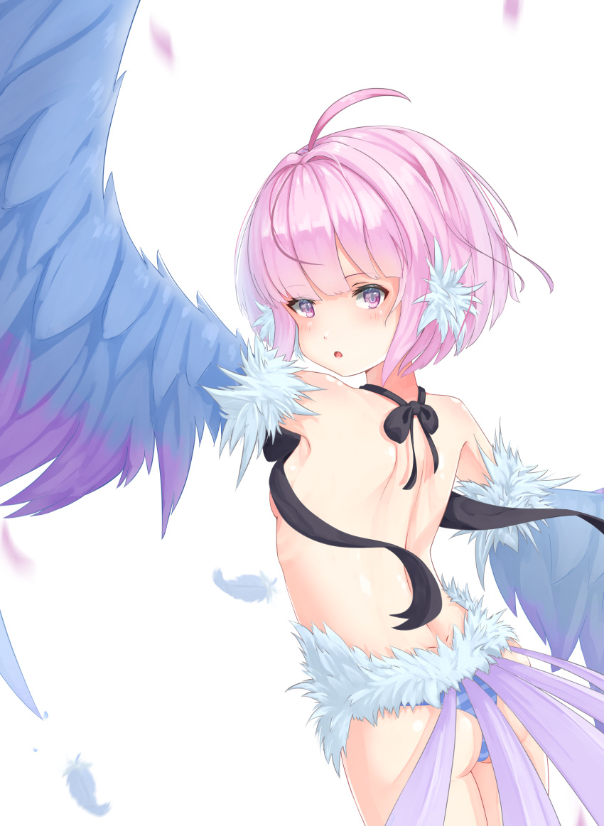 1girl absurdres bird_tail bird_wings blue_feathers blush breasts commentary_request eyebrows_visible_through_hair feathered_wings feathers harpy head_feathers highres monster_girl original panties pink_eyes pink_feathers pink_hair purple_feathers short_hair sideboob simple_background solo striped striped_panties tail_feathers underwear white_background white_feathers winged_arms wings xiao_xiao_tian