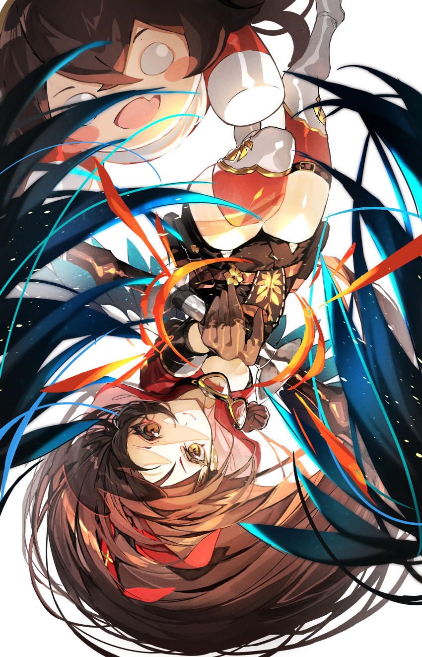 2girls absurdres aiming_at_viewer amber_(genshin_impact) baron_bunny blush_stickers boots brown_eyes brown_hair crossbow genshin_impact gloves goggles hair_ornament highres holding holding_weapon huge_filesize long_hair looking_at_viewer multiple_girls mura_karuki open_mouth short_shorts shorts solo thigh-highs thigh_boots upside-down weapon