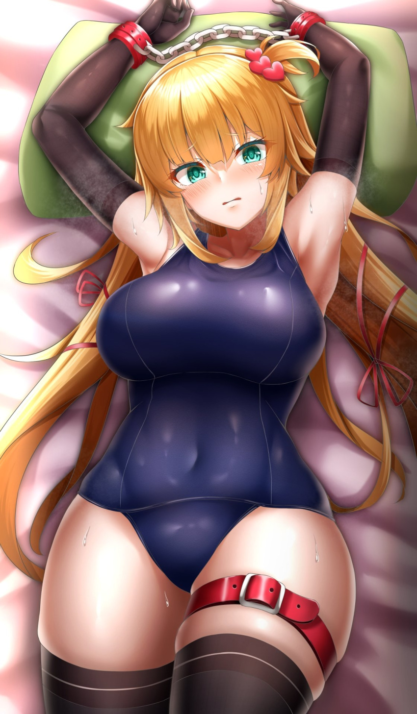 1girl akai_haato aqua_eyes armpits arms_up bdsm bed_sheet black_gloves black_legwear blonde_hair blush bondage bound bound_wrists breasts cuffs elbow_gloves gloves hair_ornament hair_ribbon handcuffs heart heart_hair_ornament highres hololive large_breasts long_hair lying old_school_swimsuit on_back restrained ribbon school_swimsuit sirokuro_daruma skindentation solo sweat swimsuit thigh-highs thigh_strap virtual_youtuber