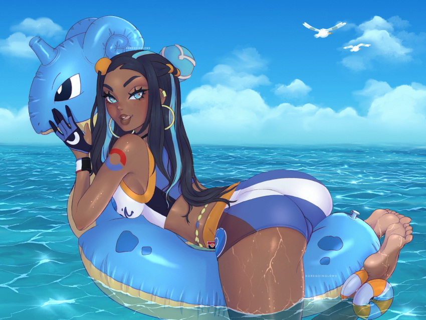 1girl anklet aqua_hair ass belly_chain black_choker black_hair blue_eyes bracelet breasts choker clouds cloudy_sky dark_skin dark-skinned_female day double_bun ear_clip earrings eyelashes full_body gen_1_pokemon gloves gym_leader highres hoop_earrings inflatable_toy jewelry lapras legs_up licking_lips long_hair looking_at_viewer looking_back lying medium_breasts multicolored multicolored_clothes multicolored_hair multicolored_swimsuit nessa_(pokemon) ocean on_stomach partially_fingerless_gloves partially_submerged persy pokemon pokemon_(game) pokemon_swsh shoulder_tattoo sideboob sky soles solo streaked_hair swimsuit tankini tattoo thick_eyebrows thick_thighs thighs toes tongue tongue_out very_dark_skin wet