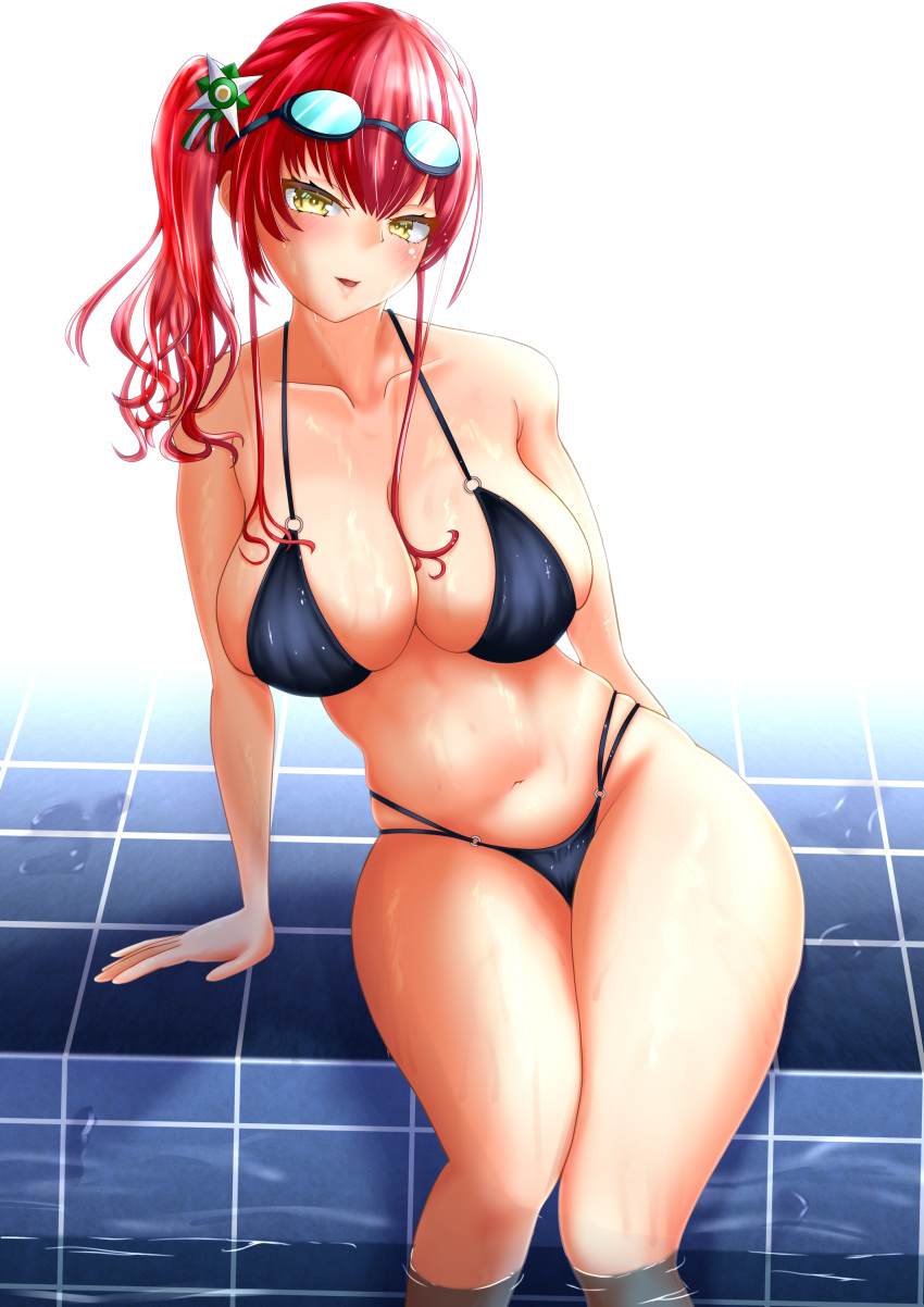 1girl absurdres artist_request azur_lane bikini black_bikini breasts goggles goggles_on_head highleg highleg_bikini highres italian_flag large_breasts long_hair looking_at_viewer multi-strapped_bikini multiple_straps o-ring o-ring_bikini pool poolside redhead side_ponytail skindentation solo string_bikini swimsuit swimwear wet yellow_eyes zara_(azur_lane) zara_(poolside_coincidence)_(azur_lane)