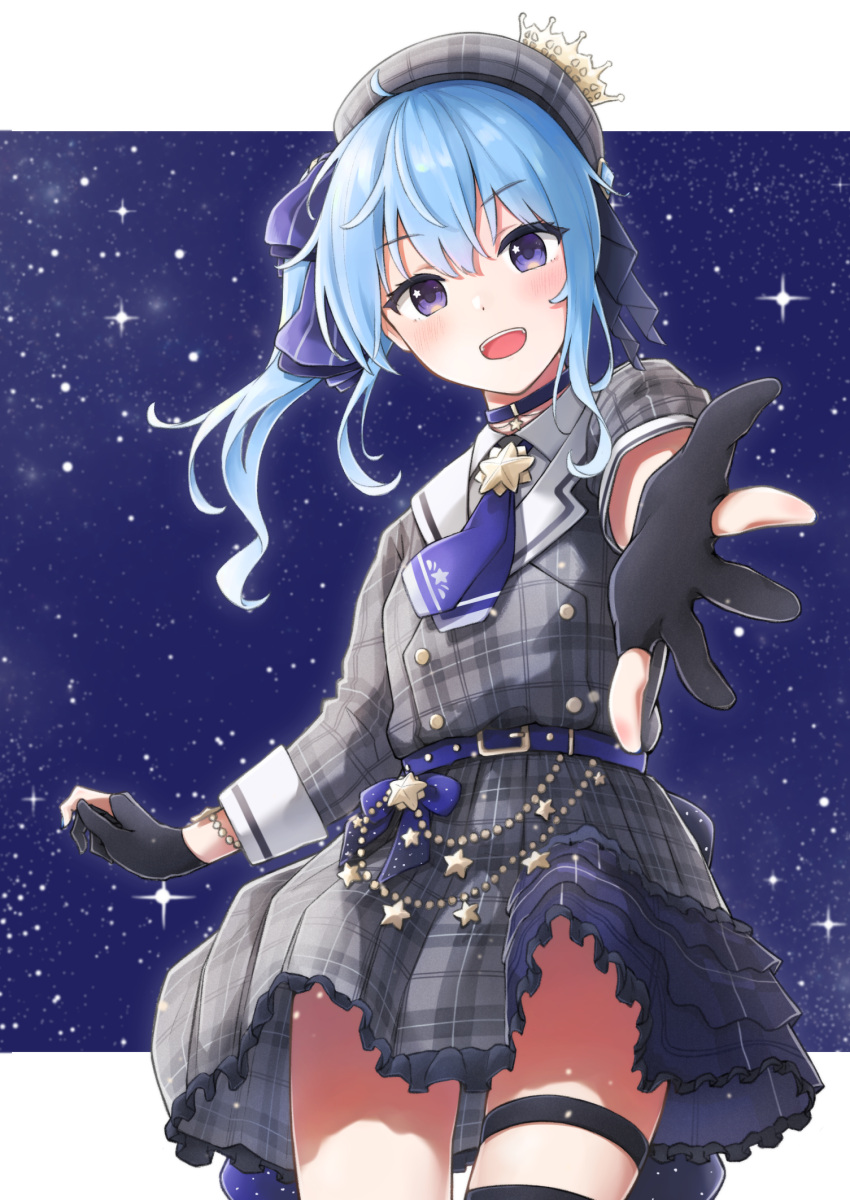1girl bangs beret black_gloves blue_bow blue_choker blue_hair blue_theme blush bow breasts choker dress ene_mizunoawa eyebrows_visible_through_hair fingerless_gloves frills gloves hair_between_eyes hair_ornament hat highres hololive hoshimachi_suisei long_hair looking_at_viewer open_mouth side_ponytail skirt small_breasts solo star_(symbol) thigh_strap upper_teeth violet_eyes virtual_youtuber