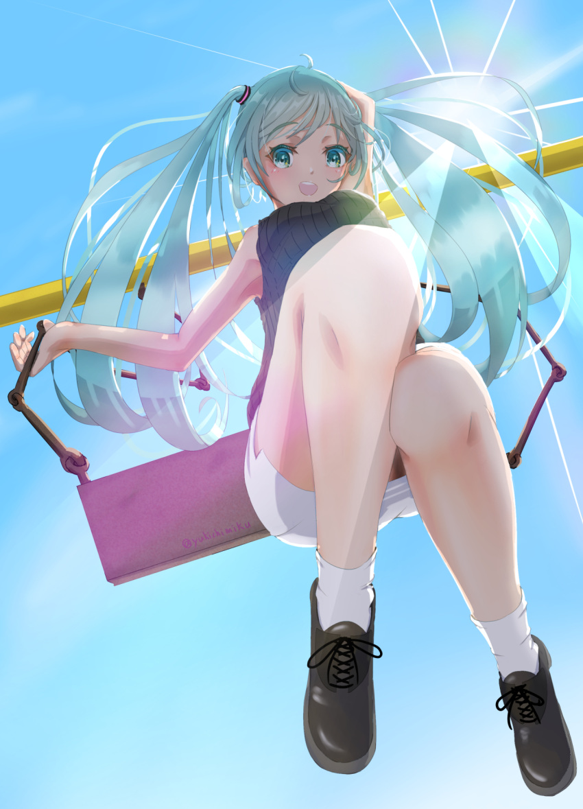 1girl :d ahoge aqua_eyes aqua_hair arm_up backlighting blush full_body hatsune_miku highres long_hair long_image looking_at_viewer open_mouth outdoors pencil_skirt ribbed_sweater shoes signature skirt sky smile socks sunlight sweater tall_image transparent transparent_umbrella twintails twitter_username umbrella vocaloid white_legwear white_skirt yu-ame