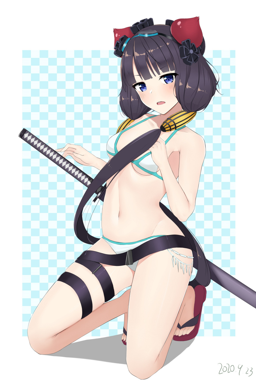 1girl absurdres bangs bare_shoulders bikini black_hair blue_eyes blush breasts fate/grand_order fate_(series) groin hair_ornament highres katana katsushika_hokusai_(swimsuit_saber)_(fate) kneeling long_hair looking_at_viewer navel open_mouth small_breasts stomach swimsuit sword thigh_strap upper_teeth weapon white_background white_bikini zerotwenty_(020)