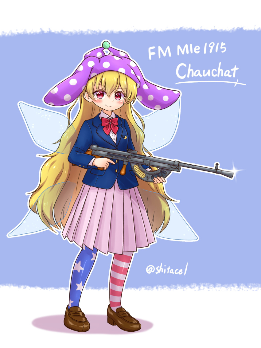 1girl alternate_costume assault_rifle blazer blonde_hair bow bowtie chauchat clownpiece commentary_request gun highres holding holding_gun holding_weapon jacket long_hair miniskirt moon_rabbit outline pink_skirt pleated_skirt red_bow red_neckwear rifle shitacemayo skirt solo touhou very_long_hair weapon white_outline