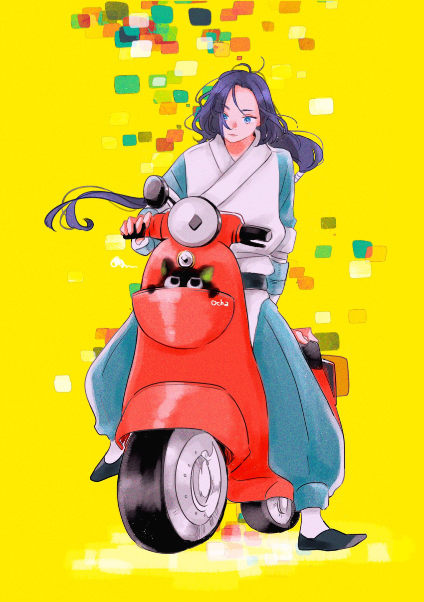 2boys black_cat black_footwear black_hair blue_eyes cat cha_(variaireven) floating_hair ground_vehicle highres long_hair luoxiaohei moped motor_vehicle multiple_boys shoes the_legend_of_luo_xiaohei wuxian_(the_legend_of_luoxiaohei) yellow_background