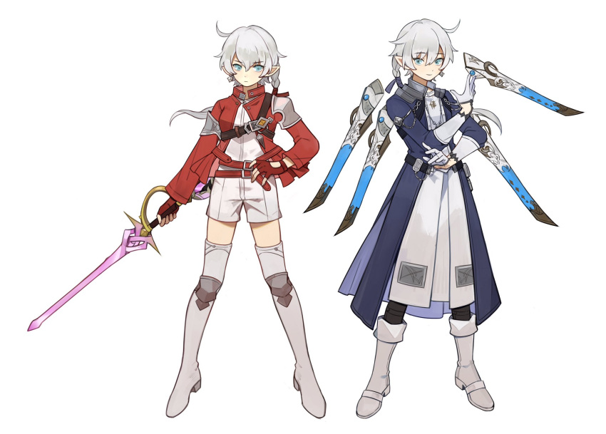 1boy 1girl alisaie_leveilleur alphinaud_leveilleur boots brother_and_sister chaffxiv crystal_sword elezen elf final_fantasy final_fantasy_xiv fingerless_gloves floating_weapon full_body gloves hand_on_hip highres jacket looking_at_viewer pointy_ears red_jacket red_mage sage_(final_fantasy) short_shorts shorts siblings sword thigh-highs twins weapon white_gloves