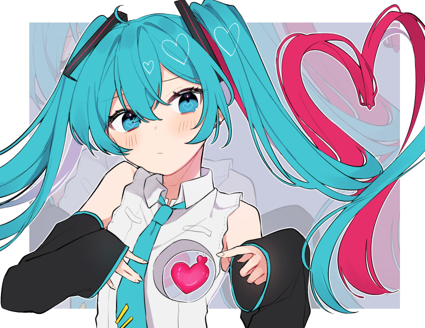 1girl bare_shoulders blue_eyes blue_hair blue_neckwear border cha_sakura collared_shirt detached_sleeves dot_nose earrings eyebrows_visible_through_hair eyelashes facing_viewer fingernails flat_chest frown furrowed_eyebrows hair_between_eyes hands_up hatsune_miku heart heart_hair heart_in_eye highres hole hole_in_chest hole_on_body jewelry light_blush long_hair looking_to_the_side necktie pink_hair pout shirt sleeveless sleeveless_shirt sleeves_past_wrists solo surreal symbol_in_eye tareme tie_clip twintails upper_body very_long_hair vocaloid white_border white_shirt