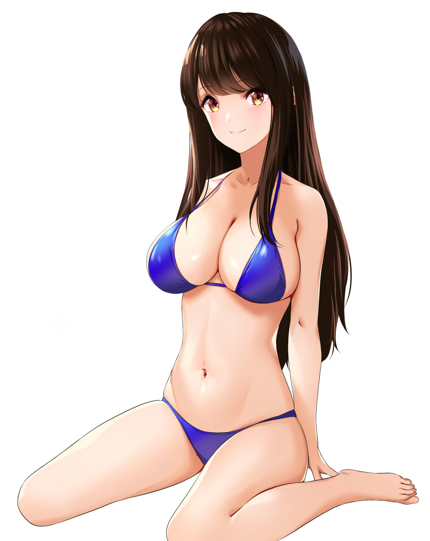 1girl absurdres bangs barefoot bikini breasts brown_hair collarbone eyebrows_visible_through_hair highres large_breasts long_hair looking_at_viewer marui_koishi navel original purple_bikini shiny shiny_clothes simple_background sitting smile solo swimsuit wariza