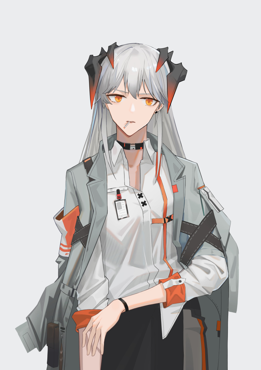 1girl absurdres arknights bangs black_choker choker cigarette coat coat_on_shoulders collared_shirt cowboy_shot dragon_girl dragon_horns grey_coat highres horns id_card long_sleeves looking_at_viewer mouth_hold open_clothes open_coat orange_eyes parted_lips saria_(arknights) senkane shirt simple_background smoke smoking solo two-tone_background v-shaped_eyebrows white_background white_shirt wristband