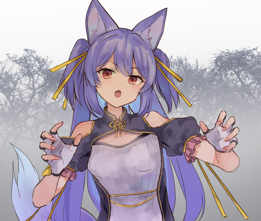 .live 1girl animal_ears fang fingerless_gloves forest gloves hair_ornament highres long_hair looking_at_viewer nature open_mouth orange_eyes ouka_(yama) purple_hair rurun_rururica solo tail virtual_youtuber white_background wolf_ears wolf_tail