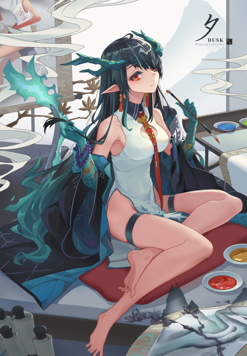 1girl aqua_gloves arknights bare_legs barefoot bead_bracelet beads black_coat black_hair bracelet calligraphy_brush china_dress chinese_clothes coat dragon_girl dragon_horns dragon_tail dress dusk_(arknights) feet gloves gradient_skin green_gloves highres horns jewelry long_hair looking_at_viewer off_shoulder open_clothes open_coat paintbrush pointy_ears red_eyes red_neckwear short_dress side_slit sima_naoteng tail tail_licking thigh_tattoo