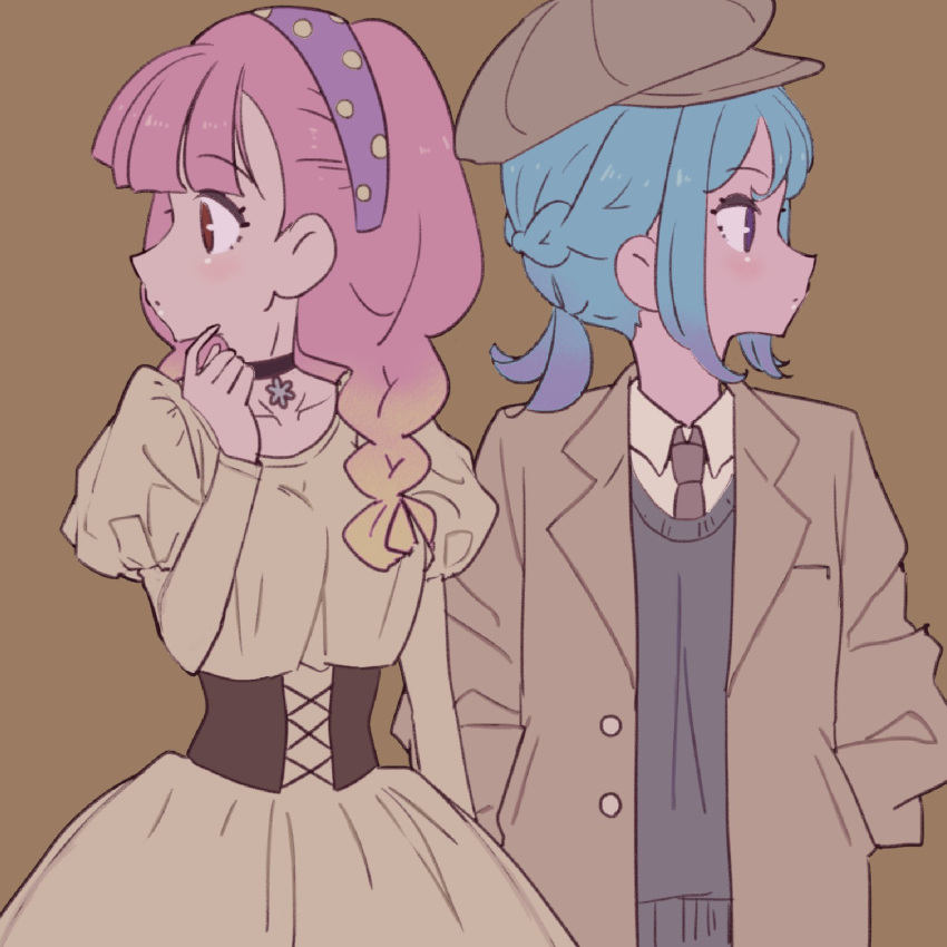 2girls aikatsu!_(series) aikatsu_friends! bangs black_choker black_sweater blue_bow blue_hair blunt_bangs blush bow braid brown_background brown_corset brown_eyes brown_headwear brown_jacket brown_neckwear cabbie_hat choker collarbone collared_jacket collared_shirt dress eyebrows_visible_through_hair flat_color french_braid gradient_hair hair_over_shoulder hairband hand_up hands_in_pockets hat highres jacket kaoryu-kun limited_palette long_hair long_sleeves looking_away looking_to_the_side minato_mio multicolored_hair multicolored_hairband multiple_girls necktie open_clothes open_jacket orange_hair pink_hair polka_dot_hairband puffy_sleeves purple_hair purple_hairband shiny shiny_hair shiny_skin shirt short_twintails sidelocks simple_background sweater twin_braids twintails upper_body violet_eyes white_dress white_shirt yellow_hairband yuri yuuki_aine