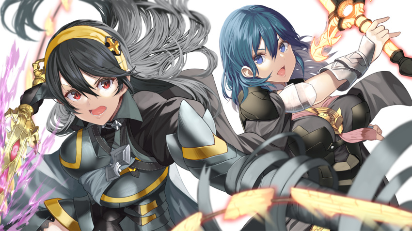 2girls armor black_hair blue_eyes blue_hair breastplate breasts byleth_(fire_emblem) byleth_eisner_(female) corrin_(fire_emblem) corrin_(fire_emblem)_(female) fire_emblem fire_emblem:_three_houses fire_emblem_fates large_breasts long_hair medium_hair multiple_girls open_mouth red_eyes super_smash_bros. sword_of_the_creator tagme yappen yato_(fire_emblem)