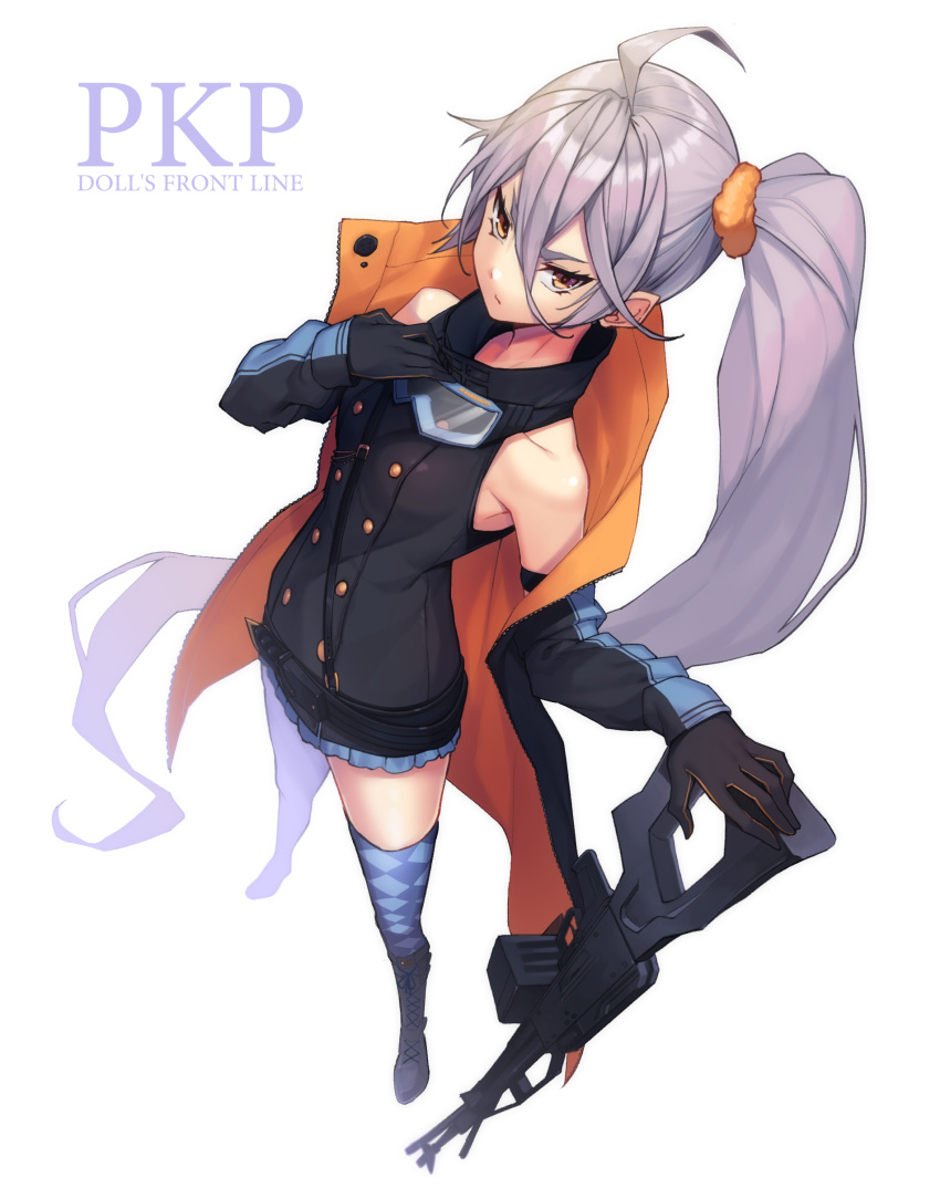 1girl absurdres ahoge bangs bare_shoulders black_gloves blue_legwear boots clip_studio_paint_(medium) from_above ginopi girls_frontline gloves goggles goggles_around_neck gun hair_between_eyes hair_ornament hair_scrunchie highres jacket long_hair machine_gun off_shoulder pkp_(girls_frontline) pkp_pecheneg scrunchie side_ponytail silver_hair skirt solo thigh-highs very_long_hair weapon white_background yellow_eyes