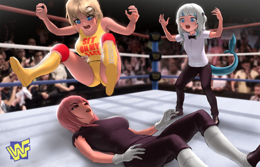 3girls black_pants blonde_hair blue_eyes breasts crowd fighting fish_tail gawr_gura gloves hair_ornament highres hololive hololive_english hulk_hogan impossible_clothes infi jumping large_breasts long_hair lying medium_breasts medium_hair monocle_hair_ornament mori_calliope multiple_girls on_back pants pink_eyes pink_hair referee shark_tail shirt tail tank_top the_undertaker watson_amelia white_hair wrestling wrestling_outfit wrestling_ring wwe