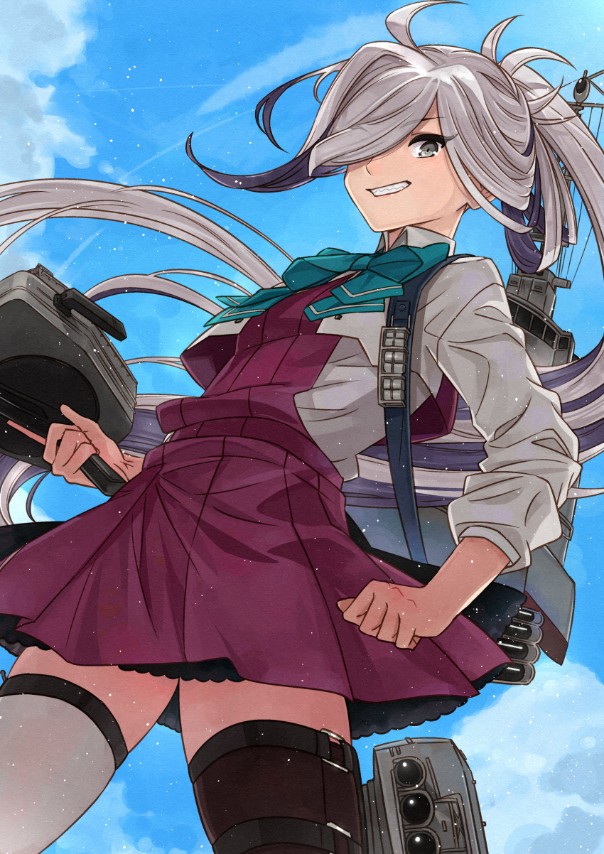 1girl absurdres ahoge asashimo_(kancolle) black_legwear bow bowtie cannon dress from_below grey_eyes grey_hair grin hair_over_one_eye halterneck highres holding huge_filesize kanmiya_shinobu kantai_collection long_hair long_sleeves looking_at_viewer machinery mismatched_legwear multicolored_hair ponytail remodel_(kantai_collection) rigging school_uniform sharp_teeth shirt silver_hair smile smokestack solo teeth thigh-highs torpedo_tubes turret very_long_hair white_shirt