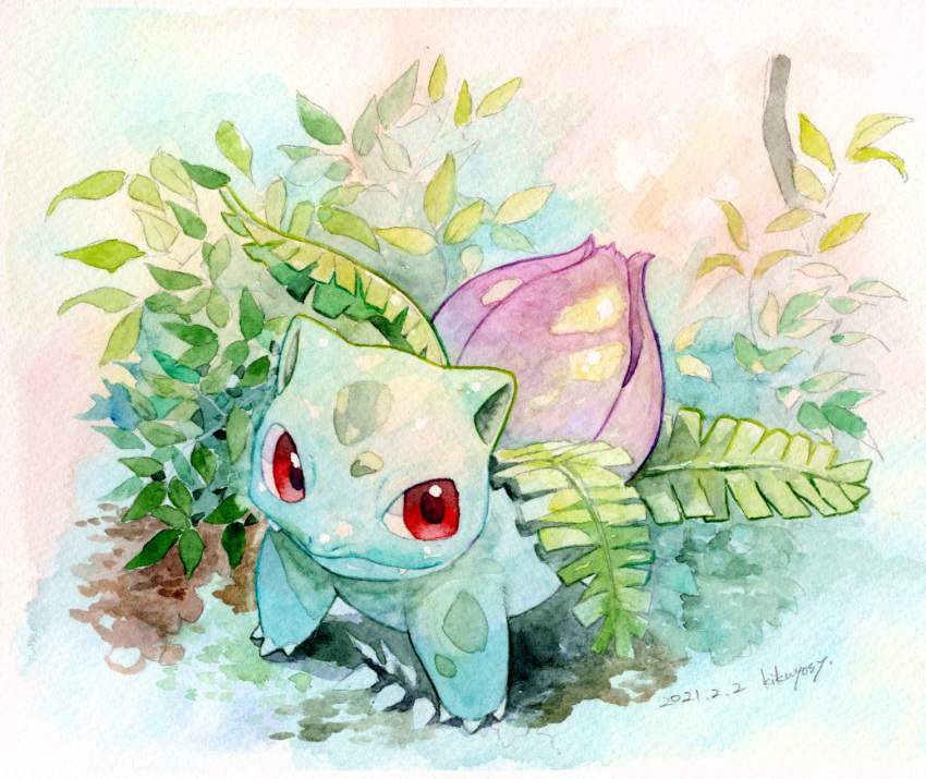 claws closed_mouth commentary_request dated fang fang_out gen_1_pokemon highres ivysaur kikuyoshi_(tracco) leaf no_humans pokemon pokemon_(creature) red_eyes signature solo standing traditional_media watercolor_(medium)