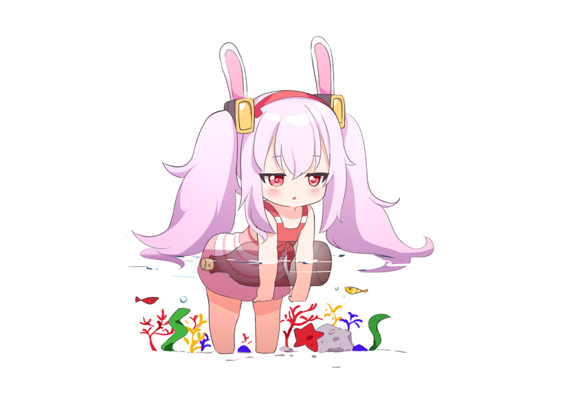 1girl :o ame. animal animal_ears azur_lane bangs bare_arms bare_shoulders blush bottle chibi commentary_request coral dress_swimsuit eyebrows_visible_through_hair fake_animal_ears fish full_body hair_between_eyes hairband laffey_(azur_lane) leaning_forward long_hair looking_away parted_lips partially_submerged pink_hair rabbit_ears red_eyes red_hairband solo standing starfish transparent twintails very_long_hair water white_background