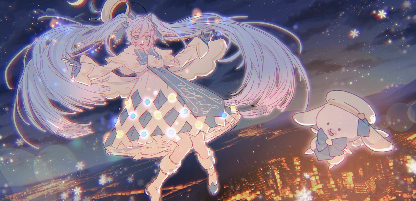 1girl :d animal beret blue_eyes blue_gloves blue_hair blue_ribbon blurry boots brooch capelet chromatic_aberration city cityscape crescent_moon dot_nose dress floating_hair fur-trimmed_boots fur-trimmed_capelet fur_trim gloves glowing hair_between_eyes hair_ornament hair_ribbon hairclip happy hat hatsune_miku highres horizon jewelry knee_boots knees_together_feet_apart lens_flare light_bulb light_particles long_hair long_sleeves looking_at_viewer moon nagisa_no_cherii neck_ribbon night night_sky open_mouth outdoors outstretched_arms pantyhose rabbit rabbit_yukine ribbon short_dress sky smile snowflakes solo string_of_light_bulbs tareme twintails very_long_hair vocaloid white_capelet white_dress white_footwear white_headwear white_legwear yuki_miku yuki_miku_(2021)