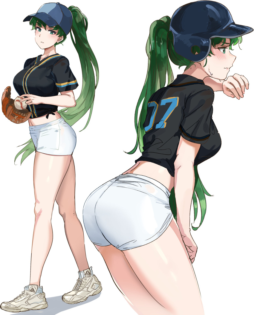1girl absurdres alternate_costume ass baseball baseball_cap baseball_helmet baseball_mitt baseball_uniform black_shirt blush breasts fire_emblem green_eyes green_hair hat helmet highres large_breasts legs long_hair looking_at_viewer lyn_(fire_emblem) midriff multiple_views navel ormille ponytail shirt shorts solo sportswear sweat thighs very_long_hair white_background white_shorts