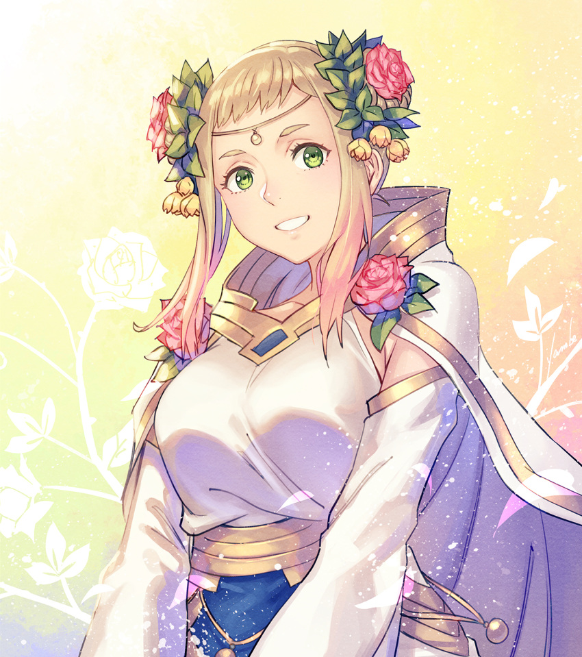 1girl alternate_costume anbe_yoshirou bangs blonde_hair breasts cape collarbone commentary_request double_bun dress fire_emblem fire_emblem_heroes floral_background flower gold_trim gradient_hair green_eyes hair_bun hair_flower hair_ornament henriette_(fire_emblem) highres jewelry leaf_hair_ornament lips looking_at_viewer medium_breasts multicolored_hair official_alternate_costume parted_lips pink_hair red_flower red_rose robe rose short_hair sidelocks signature smile solo teeth white_cape white_dress white_robe wide_sleeves yellow_flower