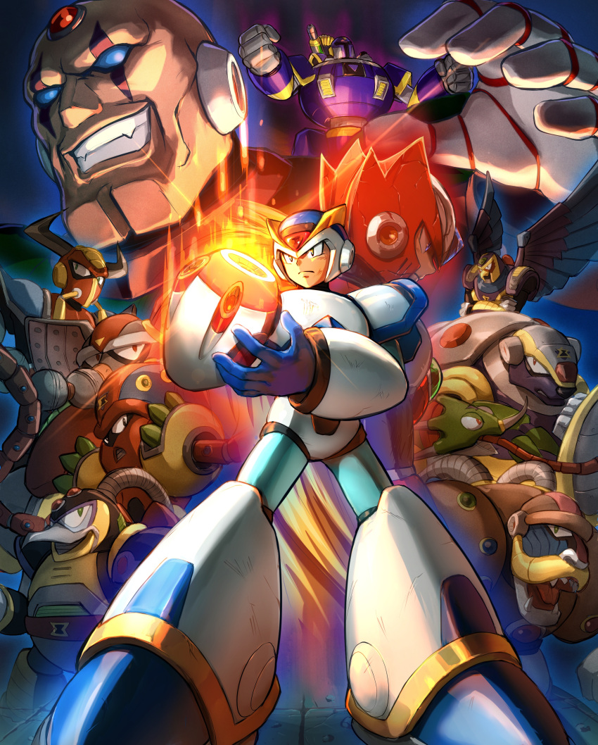 6+boys absurdres android arm_cannon armor armor_armarge bald black_zero blonde_hair boomer_kuwanger burnin'_noumander gloves green_eyes helmet highres horns hoshi_mikan icy_penguigo launcher_octopuld long_hair multiple_boys ponytail robot rockman rockman_x sigma spark_mandriller sting_chameleao_(rockman_x) storm_eagleed sword tagme tongue vava very_long_hair weapon white_gloves wings x_(rockman) zero_(rockman)