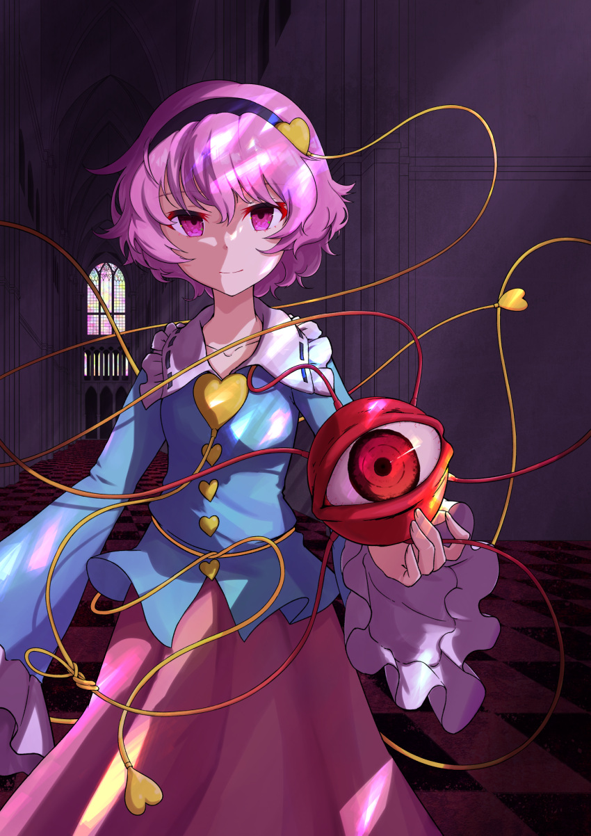 1girl architecture blue_shirt breasts checkered checkered_floor collarbone cowboy_shot eyebrows_visible_through_hair gothic_architecture hair_between_eyes hair_ornament hairband heart heart_hair_ornament highres indoors kagazaki komeiji_satori long_sleeves looking_at_viewer pink_skirt purple_hair shirt short_hair skirt small_breasts smile solo stained_glass standing third_eye tile_floor tiles touhou untucked_shirt vaulted_ceiling violet_eyes wide_sleeves window