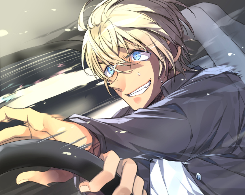 1boy amuro_tooru bangs black_jacket blonde_hair blue_eyes car_interior car_seat commentary crazy_grin crazy_smile dreaming182 driving fingernails from_side grin hair_between_eyes jacket long_sleeves looking_to_the_side male_focus meitantei_conan open_clothes open_jacket shirt short_hair smile solo speed_lines steering_wheel sweat teeth upper_body white_shirt