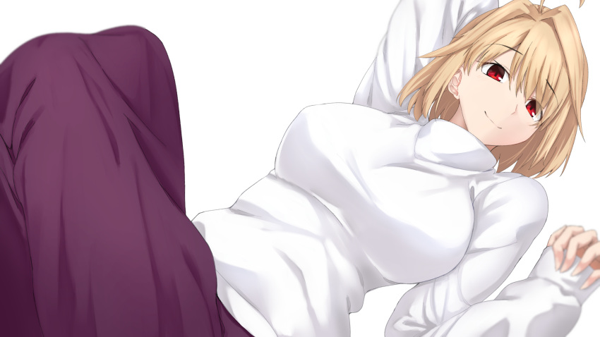 1girl ahoge arcueid_brunestud arm_behind_head arm_up bangs blonde_hair blush breasts eyebrows_visible_through_hair from_above hair_intakes hands_up highres knees_up large_breasts long_skirt looking_at_viewer lying on_back purple_skirt red_eyes sebire short_hair simple_background skirt smile solo sweater tsukihime turtleneck turtleneck_sweater wallpaper white_sweater