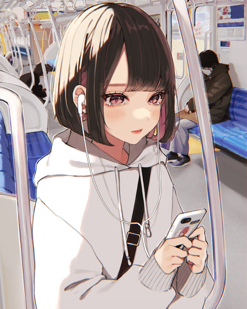 1girl 2boys absurdres blush bob_cut brown_hair cellphone colored_inner_hair commentary daluto_(hitomi555) earphones ground_vehicle highres hood hoodie multicolored_hair multiple_boys original phone pink_hair red_eyes short_hair solo_focus standing train train_interior