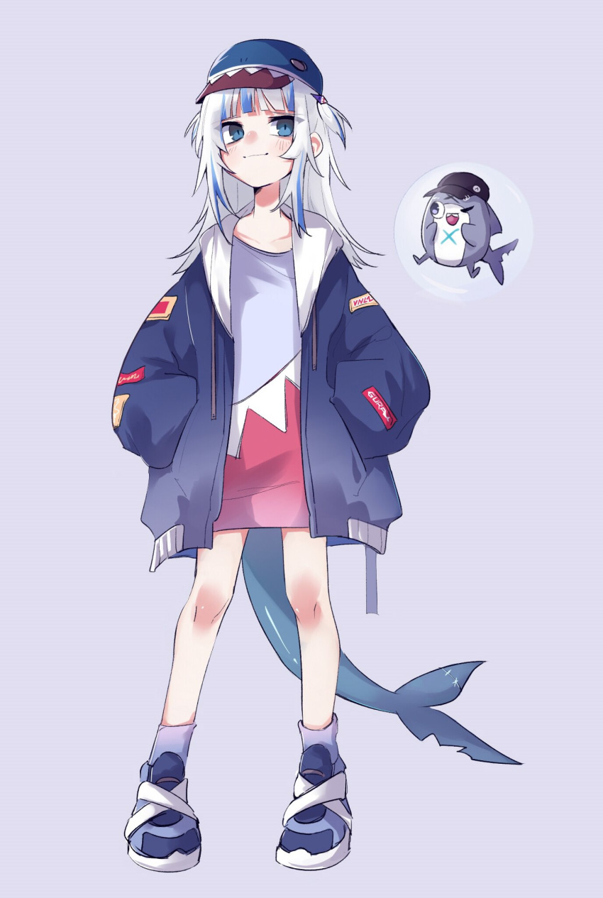 animal_hood bangs bloop_(gawr_gura) blue_eyes blue_hair blue_hoodie blunt_bangs fish_tail gawr_gura hair_ornament haskyyyyy1 hat highres hololive hololive_english hood hoodie jacket medium_hair multicolored_hair shark_girl shark_hair_ornament shark_hood shark_tail silver_hair streaked_hair tail two_side_up