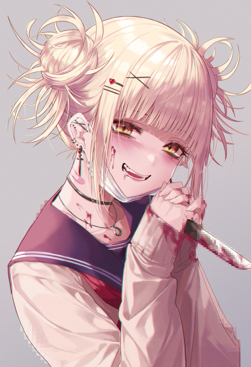 1girl absurdres bandaid bandaid_on_neck beige_sweater blonde_hair blood blood_on_face blue_sailor_collar blush boku_no_hero_academia censored choker cross cross_earrings double_bun earrings grey_background hair_ornament hairclip heart heart_hair_ornament highres holding holding_knife holding_weapon huge_filesize jewelry karapp0 knife long_sleeves mask mask_removed mosaic_censoring mouth_mask necklace open_mouth sailor_collar saliva school_uniform smile solo surgical_mask sweater toga_himiko visible_ears weapon x_hair_ornament yandere yellow_eyes