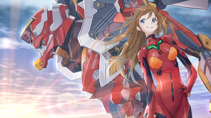 1girl blue_eyes bodysuit eva_02 highres interface_headset mecha neon_genesis_evangelion plugsuit red_bodysuit ryogo6644 skin_tight smile souryuu_asuka_langley twintails