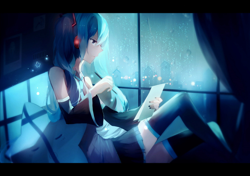 1girl aqua_hair black_legwear black_skirt blue_eyes crying curtains detached_sleeves grey_shirt hair_between_eyes hair_ornament hatsune_miku headphones highres holding indoors knees letterboxed lococo:p long_hair looking_down miniskirt nail_polish necktie night paper parted_lips pencil pillow pleated_skirt rain shadow shirt sitting skirt star_(symbol) thigh-highs twintails very_long_hair vocaloid wide_sleeves window