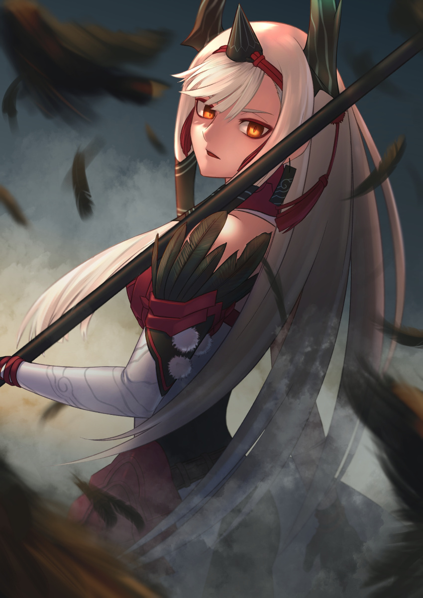 1girl absurdres bird crow fate/grand_order fate_(series) feathers highres kiichi_hougen_(fate) long_hair orange_eyes over_shoulder polearm spear t800 weapon weapon_over_shoulder white_hair