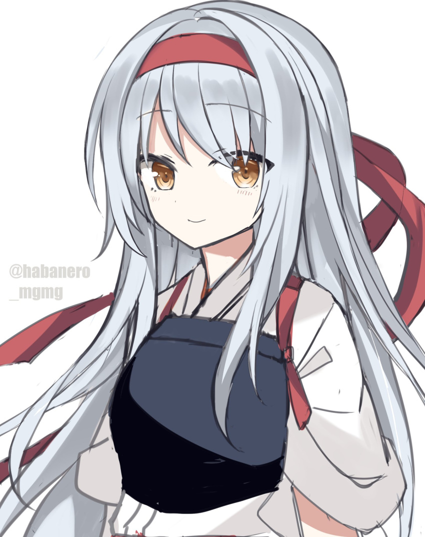 1girl brown_eyes fathom headband highres japanese_clothes kantai_collection long_hair looking_at_viewer muneate red_headband shoukaku_(kantai_collection) silver_hair simple_background smile solo tasuki twitter_username upper_body white_background
