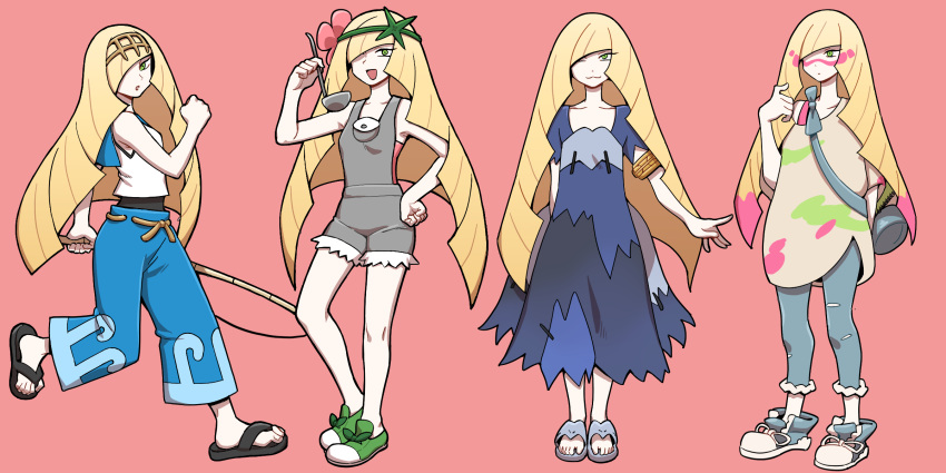 1girl acerola_(pokemon) acerola_(pokemon)_(cosplay) alternate_costume arm_behind_back armlet bag bare_arms blonde_hair blue_pants collarbone commentary cosplay dress facepaint fishing_rod flip-flops flower green_eyes green_footwear grey_overalls hair_flower hair_ornament hair_over_one_eye hairband hand_on_hip hand_up highres holding holding_fishing_rod holding_ladle knees ladle lana_(pokemon) lana_(pokemon)_(cosplay) long_hair lusamine_(pokemon) mallow_(pokemon) mallow_(pokemon)_(cosplay) mina_(pokemon) mina_(pokemon)_(cosplay) multiple_views nutkingcall one_eye_closed open_mouth overalls oversized_clothes oversized_shirt pants pink_background pink_flower pokemon pokemon_(game) pokemon_sm sandals shirt shoes simple_background sleeveless sleeveless_shirt smile stitches toes white_shirt yellow_hairband