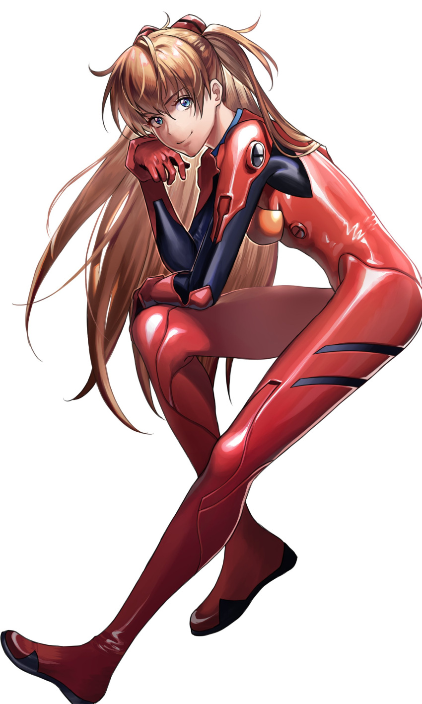 1girl absurdres blue_eyes bodysuit breasts brown_hair full_body hair_pulled_back hanny_(uirusu_chan) head_rest highres interface_headset invisible_chair latex_bodysuit long_hair long_legs looking_at_viewer medium_breasts messy_hair multicolored multicolored_bodysuit multicolored_clothes neon_genesis_evangelion pilot_suit plugsuit red_bodysuit shoulder_pads sitting skin_tight smile solo souryuu_asuka_langley white_background