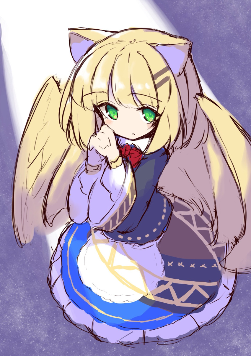 1girl :o animal_ear_fluff animal_ears bangs black_jacket blonde_hair blue_skirt blush bow eyebrows_visible_through_hair feathered_wings frilled_skirt frills green_eyes hair_ornament hairclip hands_clasped hands_up highres ichi interlocked_fingers jacket long_sleeves looking_at_viewer original own_hands_together parted_lips red_bow shirt sketch skirt solo white_shirt wide_sleeves wings yellow_wings