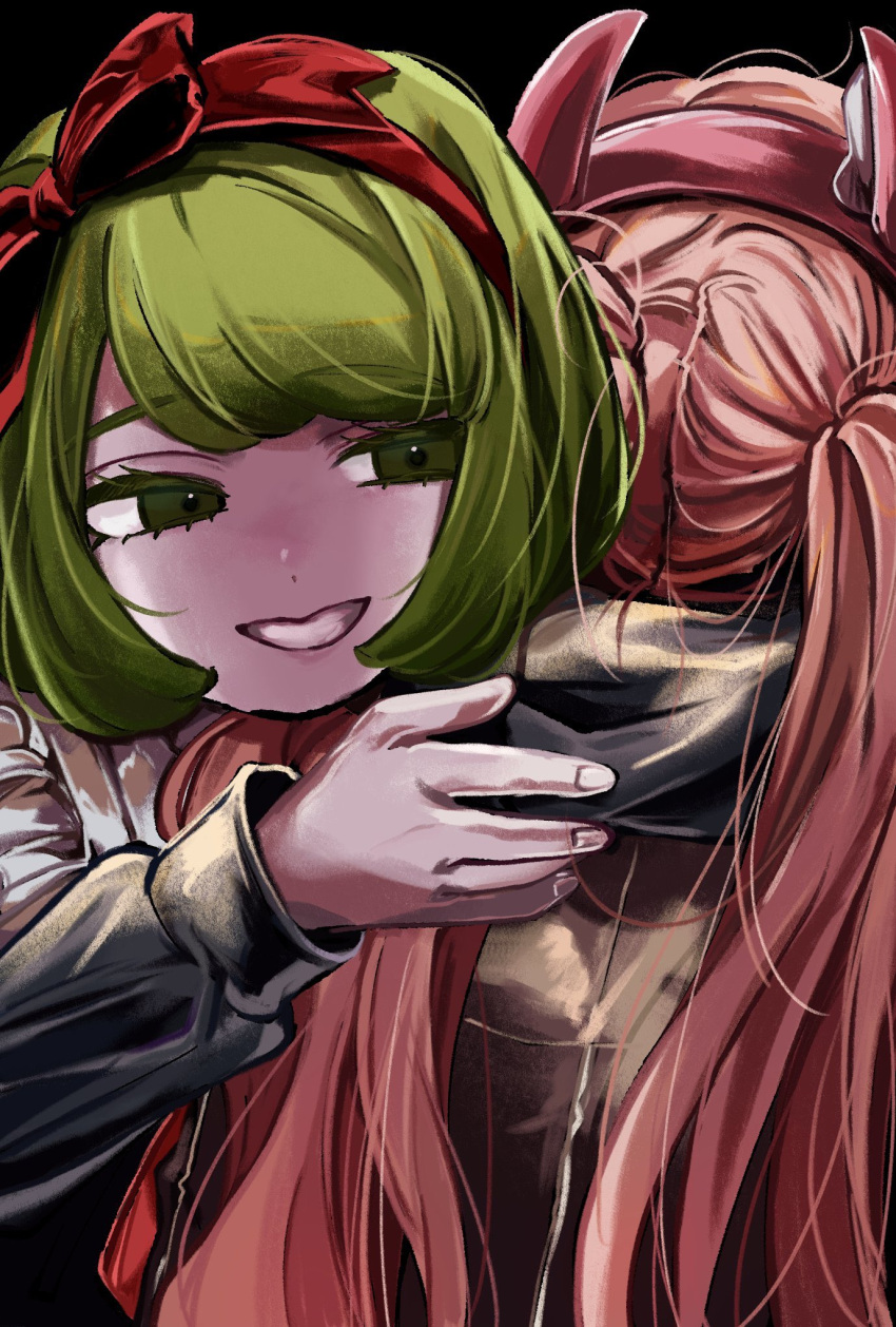 2girls ashitaba_yade bangs black_background black_shirt blush commentary_request dangan_ronpa_(series) dangan_ronpa_another_episode:_ultra_despair_girls fake_horns green_eyes green_hair grin hair_ribbon hairband highres horns hug long_hair monaka_(dangan_ronpa) multiple_girls pale_skin pink_hair pink_hairband red_ribbon ribbon shirt short_hair smile teeth twintails upper_body utsugi_kotoko