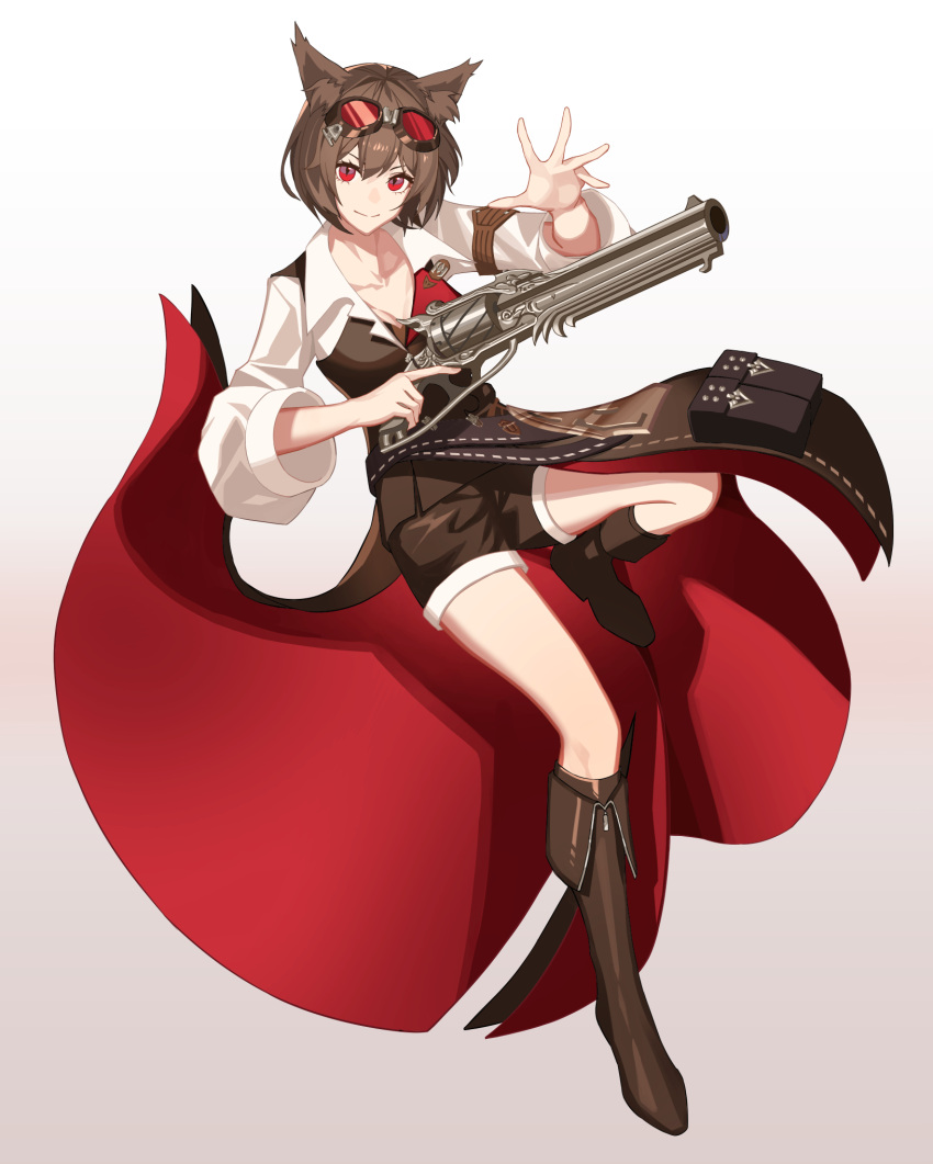 1girl animal_ears boots brown_hair cat_ears character_request final_fantasy final_fantasy_xiv full_body goggles goggles_on_head gradient gradient_background grey_background gun highres holding holding_gun holding_weapon looking_at_viewer red_eyes revolver short_hair shorts solo tsuki-shigure weapon white_background
