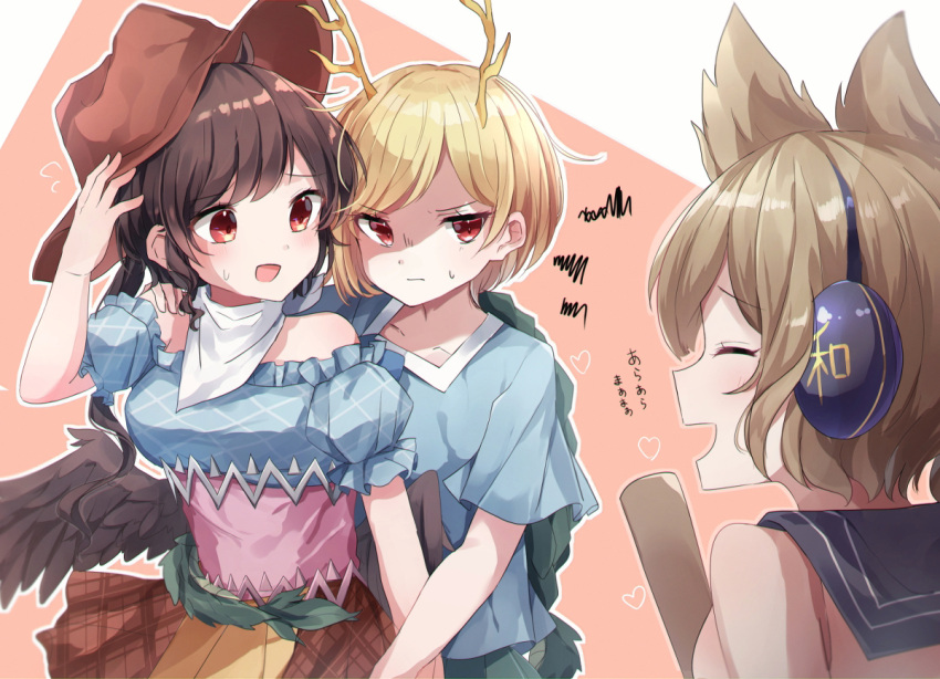 3girls ara_ara black_hair blonde_hair glaring haniyasushin_keiki hat headphones horns kurokoma_saki moshihimechan multiple_girls red_eyes simple_background touhou toyosatomimi_no_miko wings